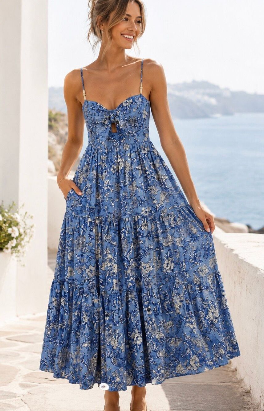 Christian Lacroix Blue Floral Linen Blend Tiered Maxi Dress XS Coastal Chic